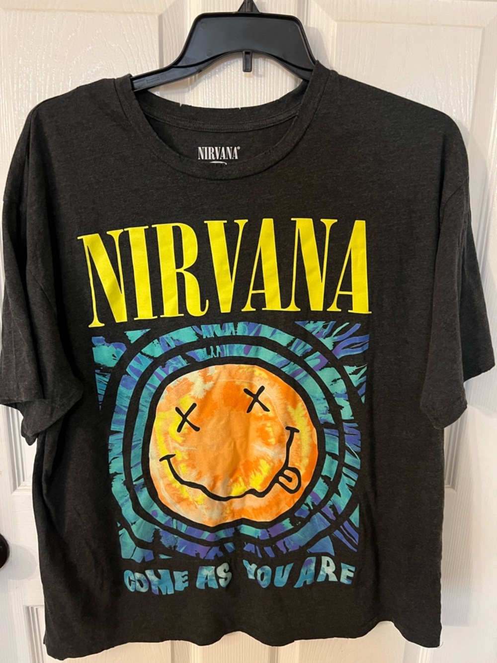 NIRVANA Black Tee with Yellow Logo and Orange Tie-Dye Smiley